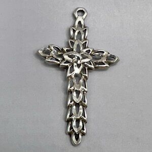 Modernist Ribbon Cross Pendant Sterling Silver Sculptural Openwork Gothic